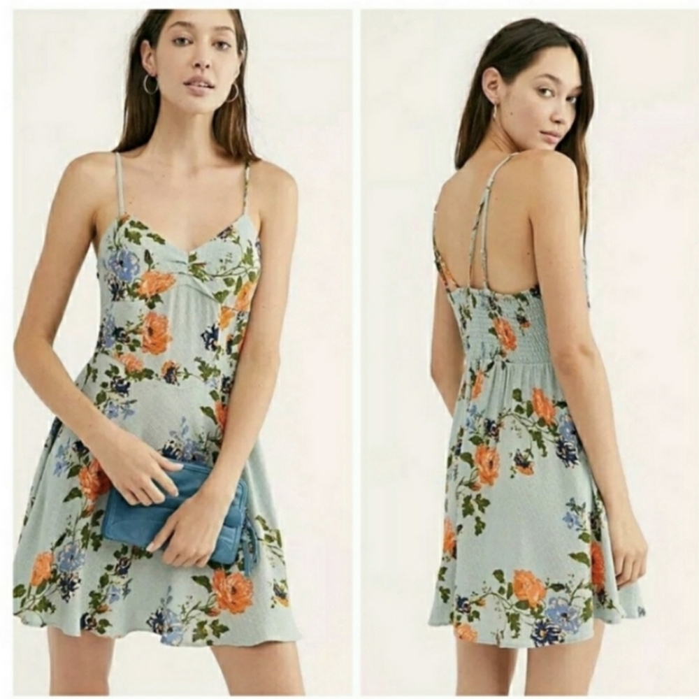 Free People Smocked Light Weight Fit and Flare Strappy Slip Mini Dress